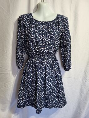Cooperative Navy Floral 3/4 Sleeve Elastic-Waist Dress, Size Small